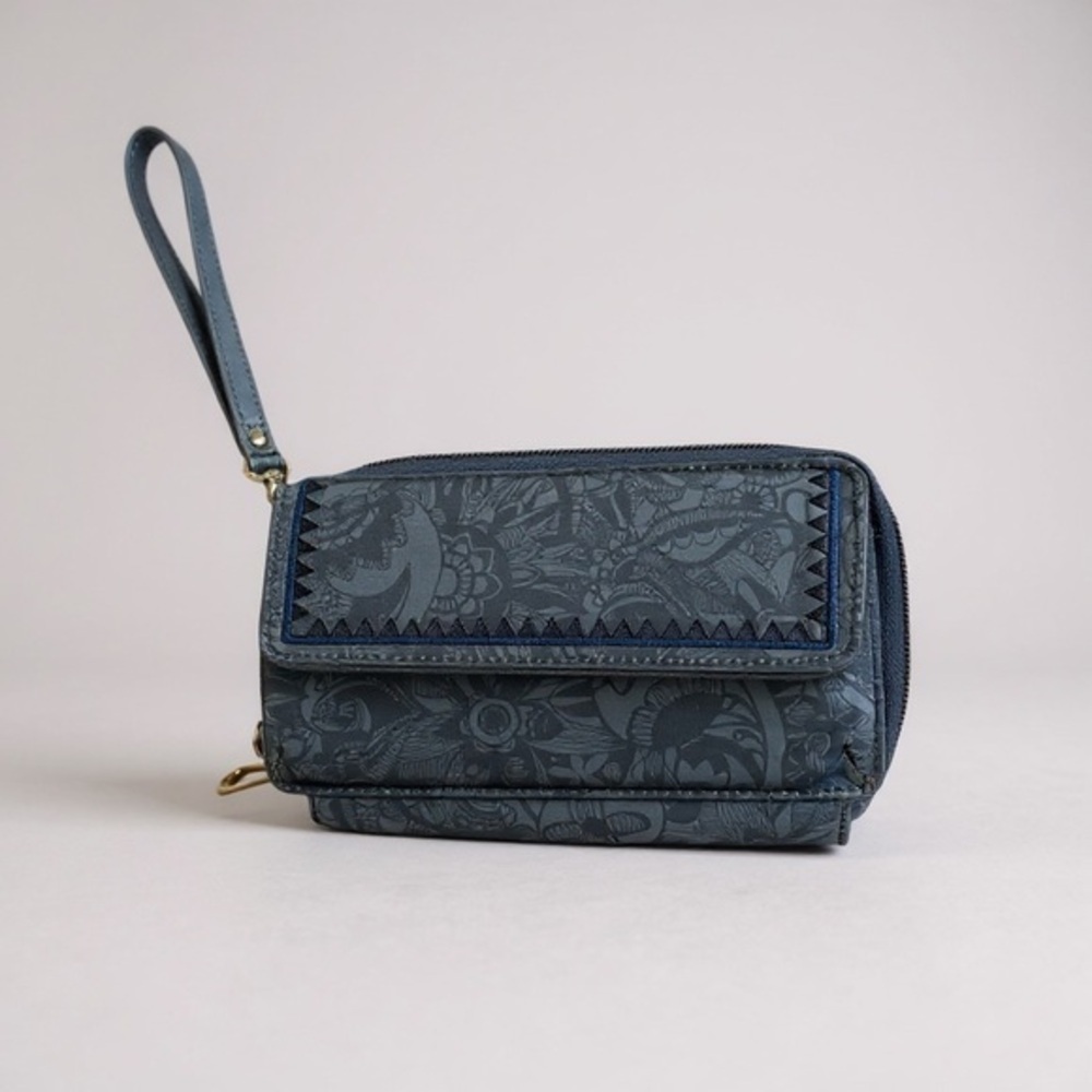 Sakroots Blue Floral Embossed Wristlet Wallet Purse Vegan Leather